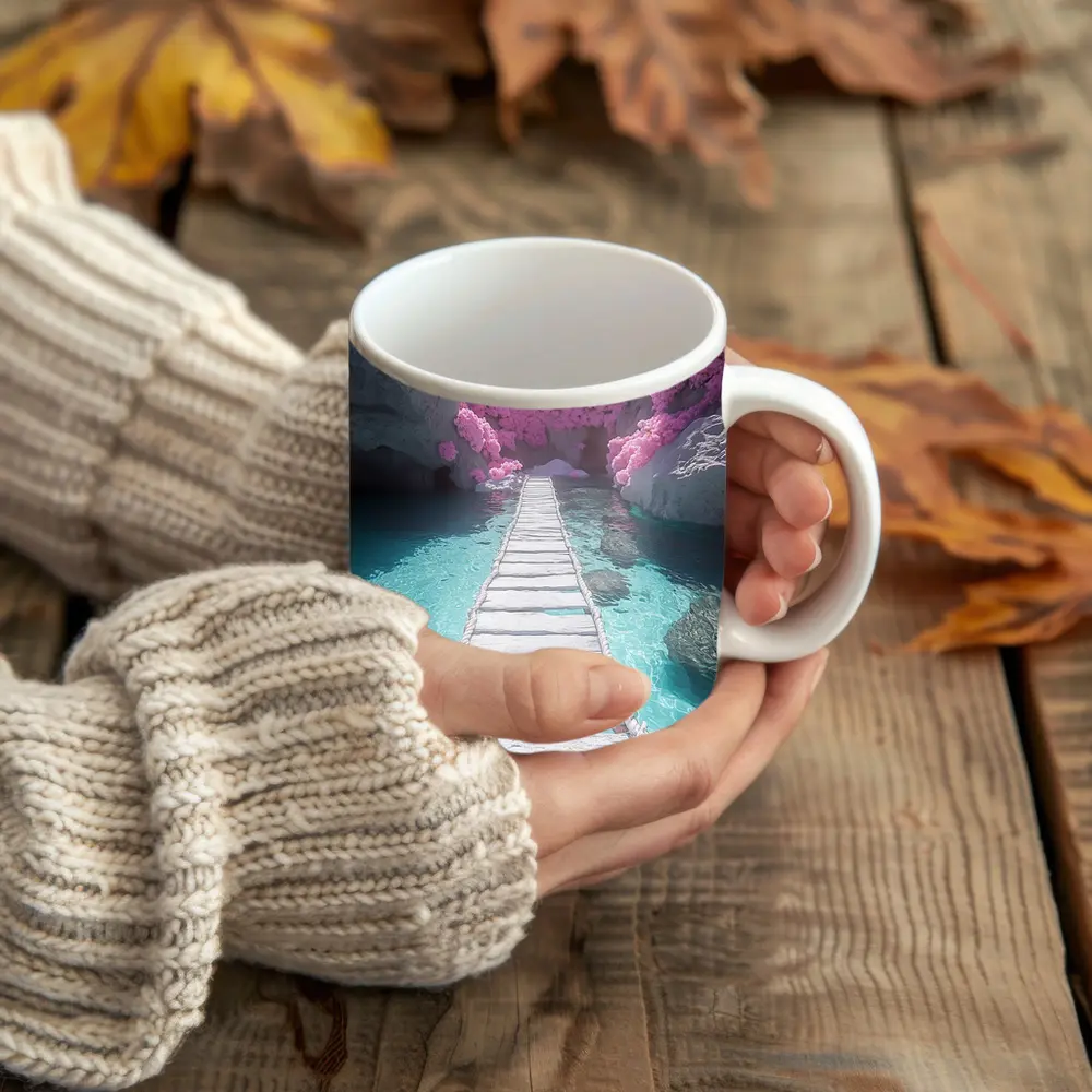 White Wooden Bridge Pink Trees Turquoise Water – Mugs