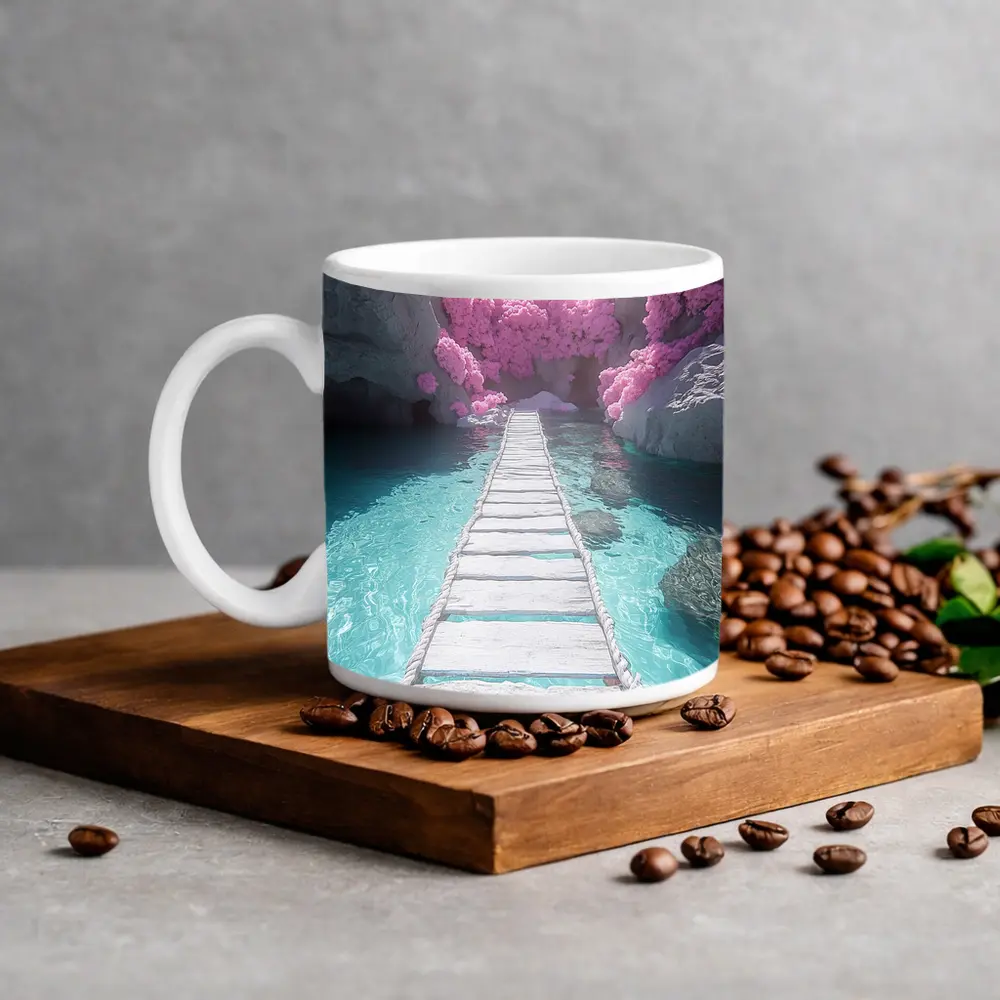 White Wooden Bridge Pink Trees Turquoise Water – Mugs