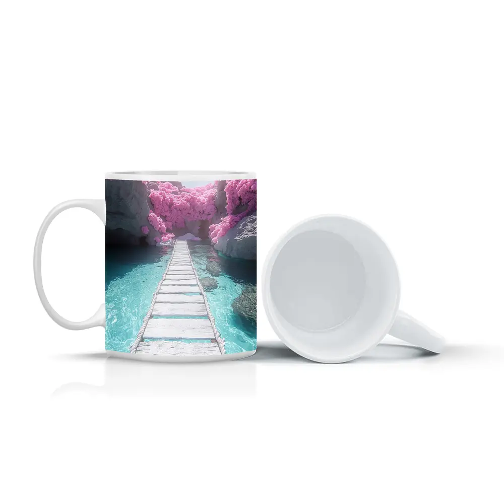 White Wooden Bridge Pink Trees Turquoise Water – Mugs