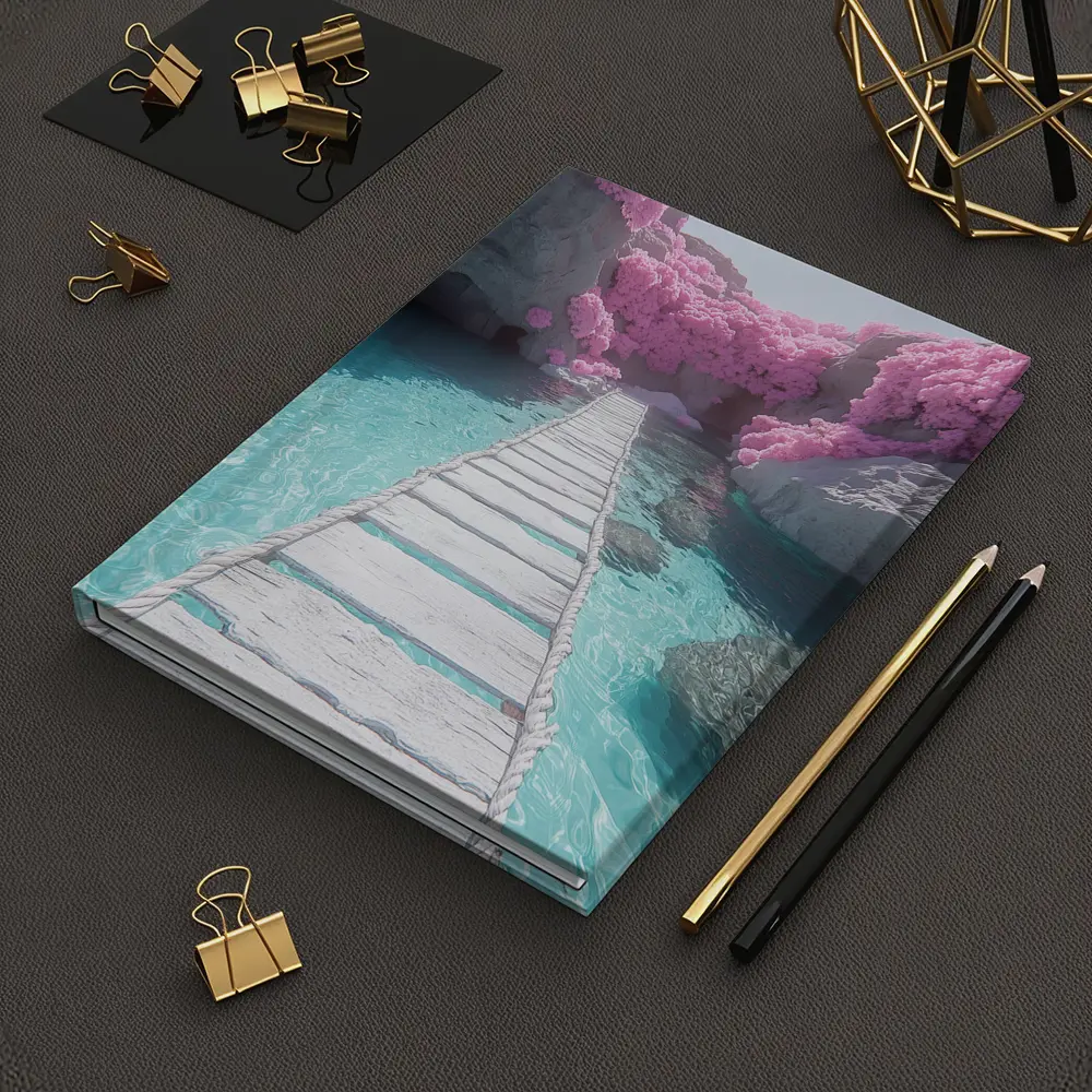 White Wooden Bridge Pink Trees Turquoise Water – Notebooks