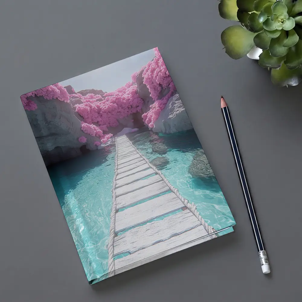 White Wooden Bridge Pink Trees Turquoise Water – Notebooks