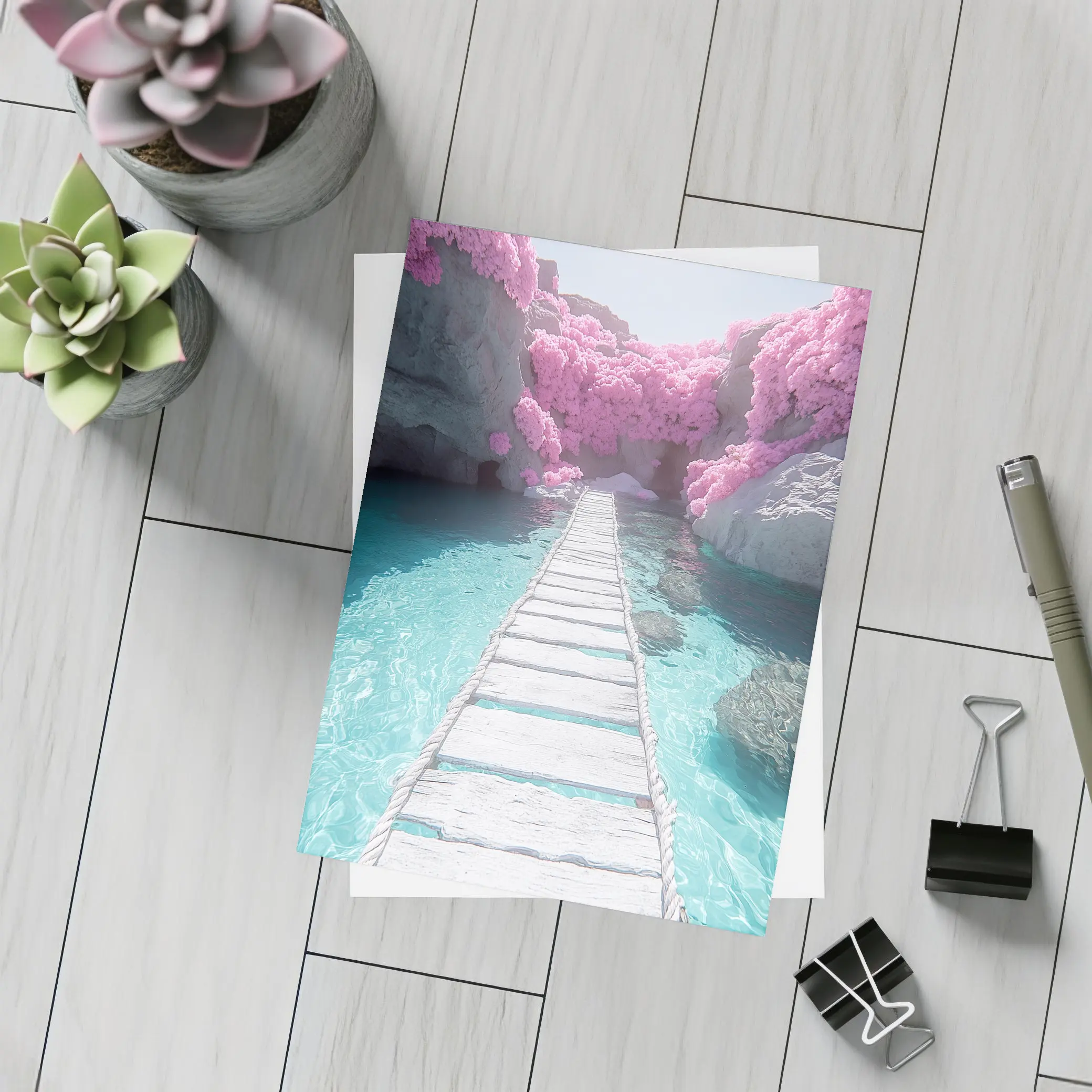 White Wooden Bridge Pink Trees Turquoise Water – Postcards