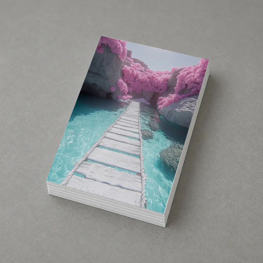 White Wooden Bridge Pink Trees Turquoise Water – Postcards