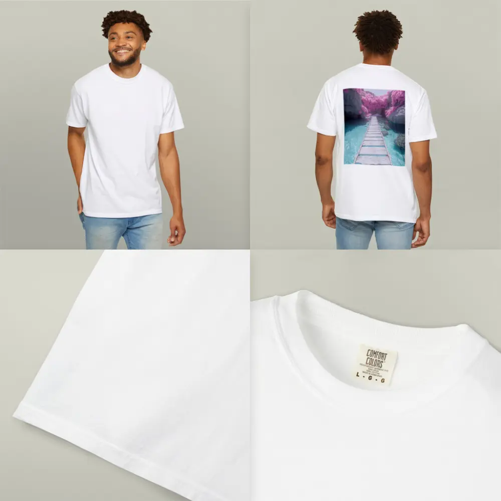 White Wooden Bridge Pink Trees Turquoise Water – T-Shirts