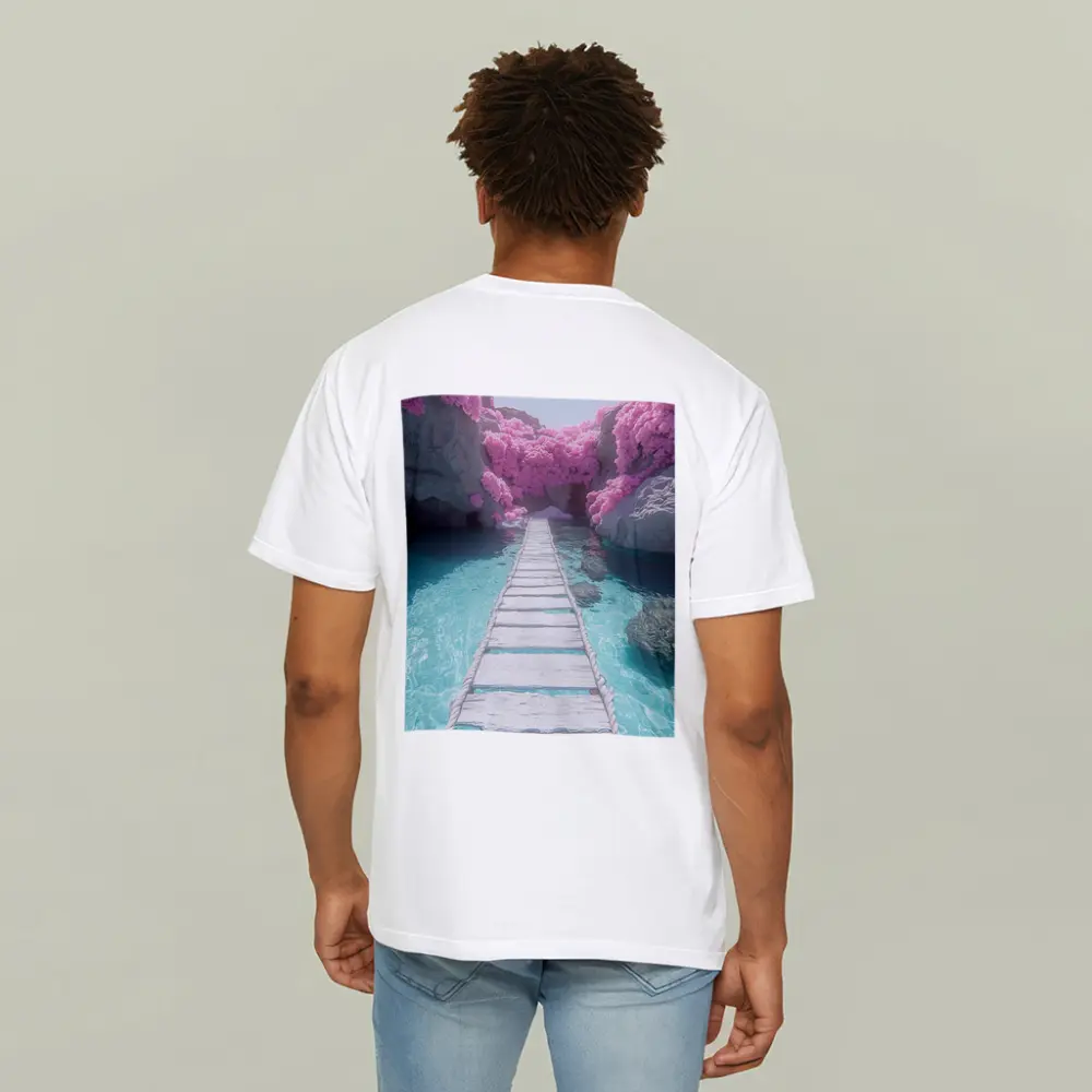 White Wooden Bridge Pink Trees Turquoise Water – T-Shirts