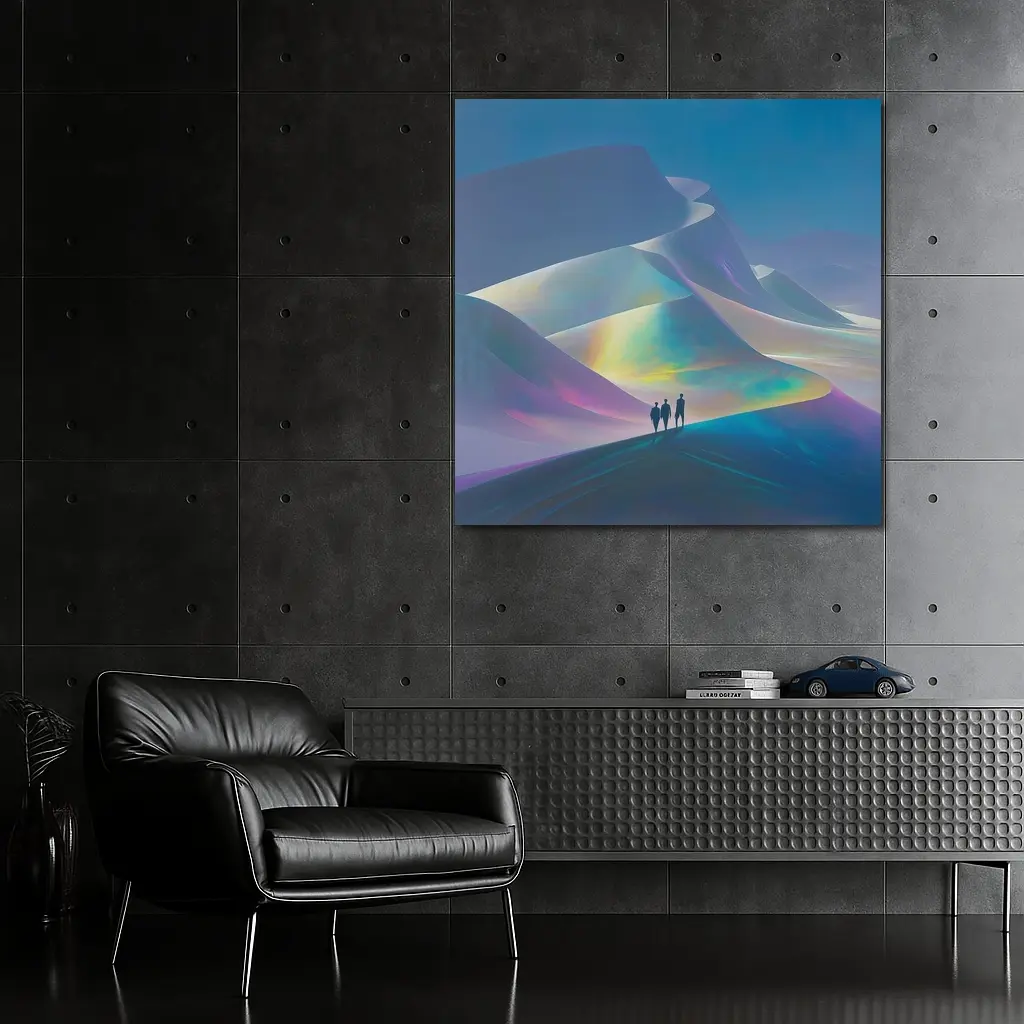Three Figures Walking Iridescent Abstract Dunes – Wall Art