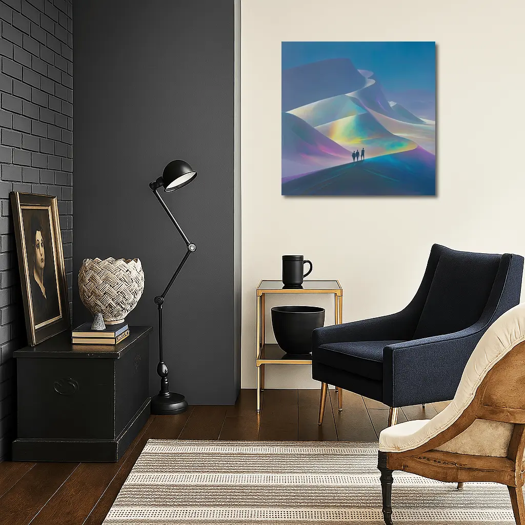 Three Figures Walking Iridescent Abstract Dunes – Wall Art