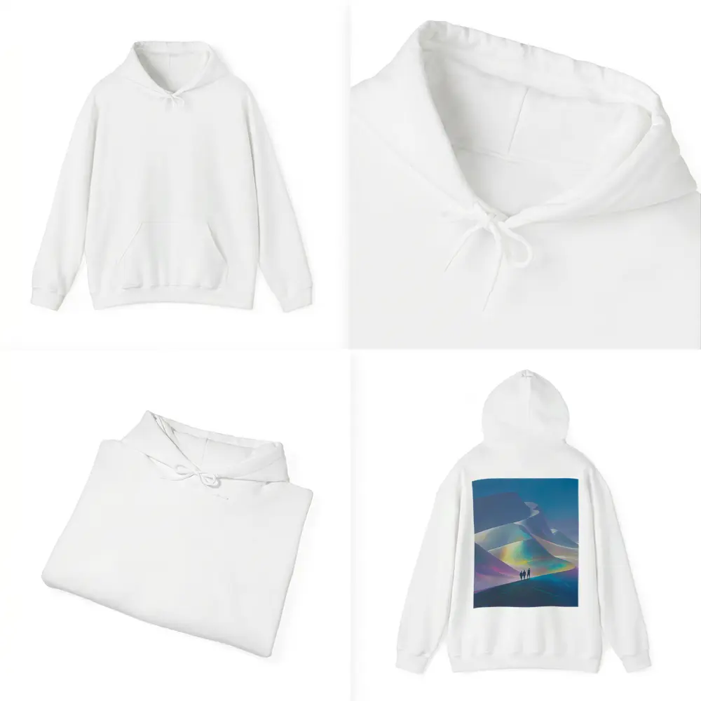 Three Figures Walking Iridescent Abstract Dunes – Hoodies