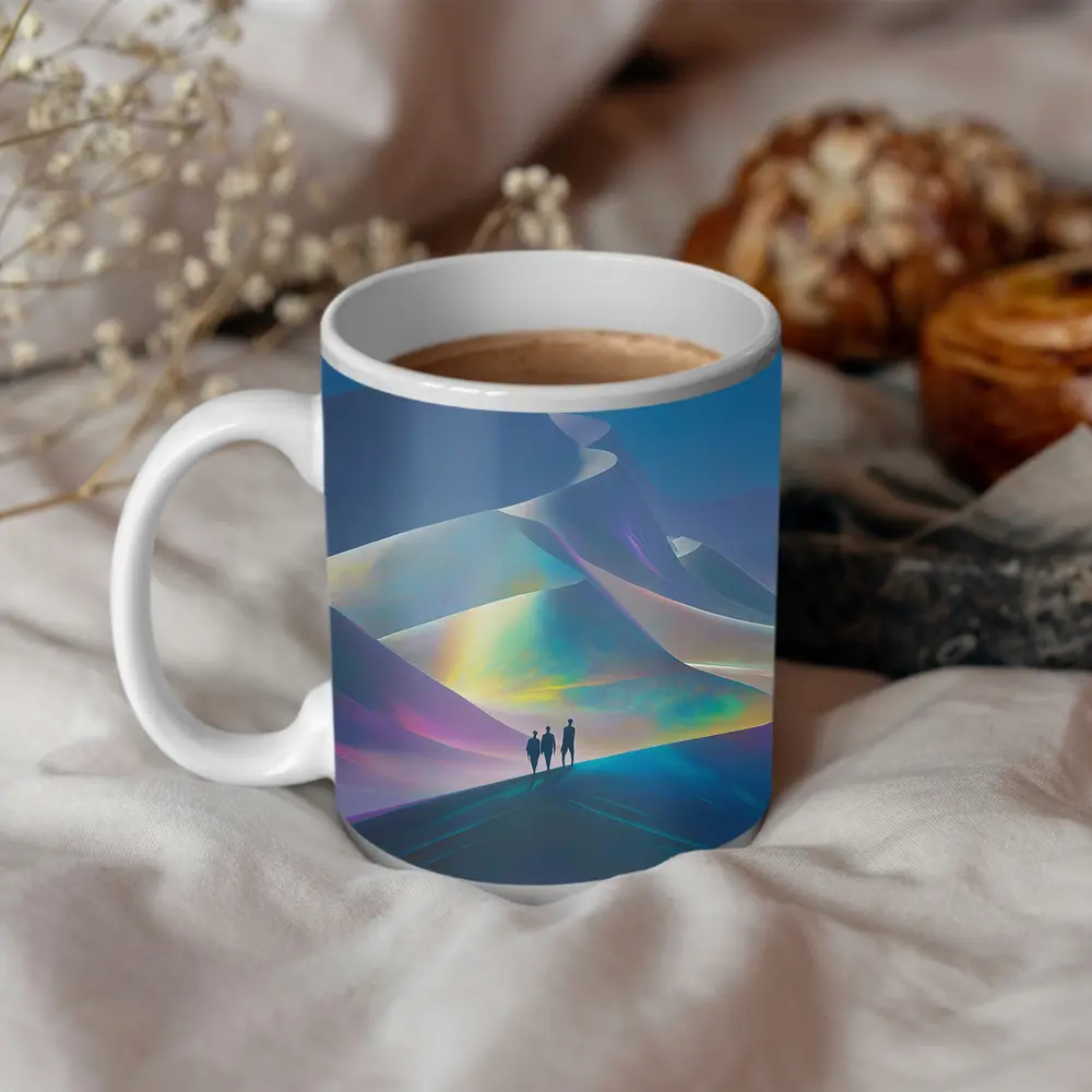 Three Figures Walking Iridescent Abstract Dunes – Mugs