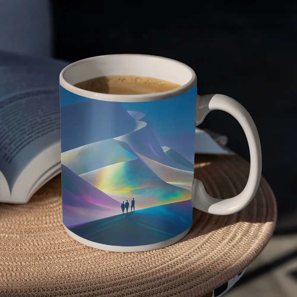 Three Figures Walking Iridescent Abstract Dunes – Mugs