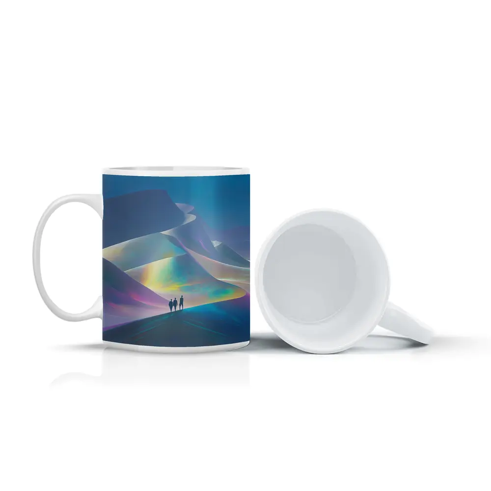 Three Figures Walking Iridescent Abstract Dunes – Mugs