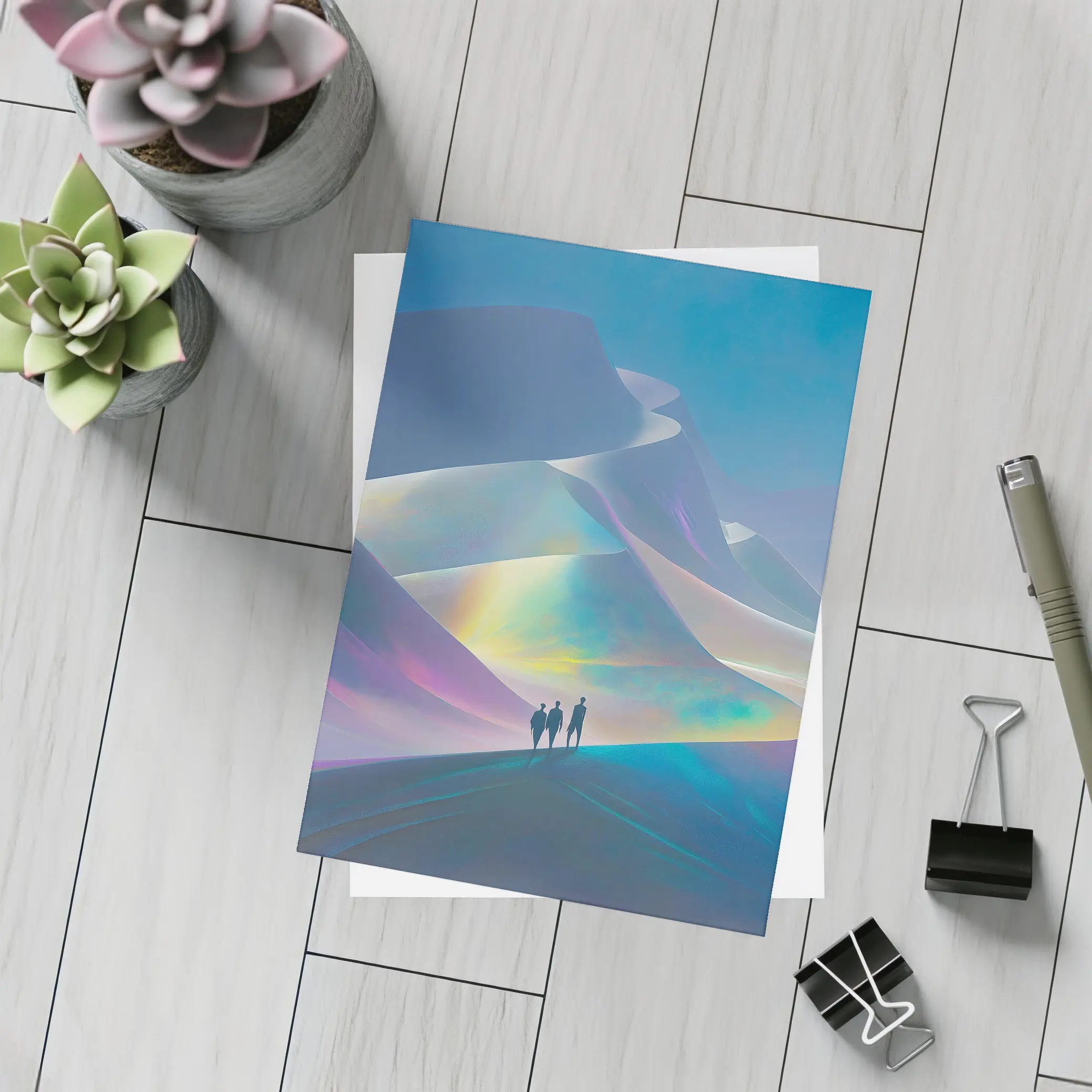 Three Figures Walking Iridescent Abstract Dunes – Postcards