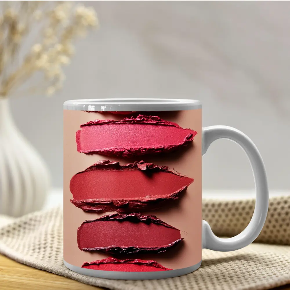 Lipstick Swatches Pink Red Tones Beige Background – Mugs