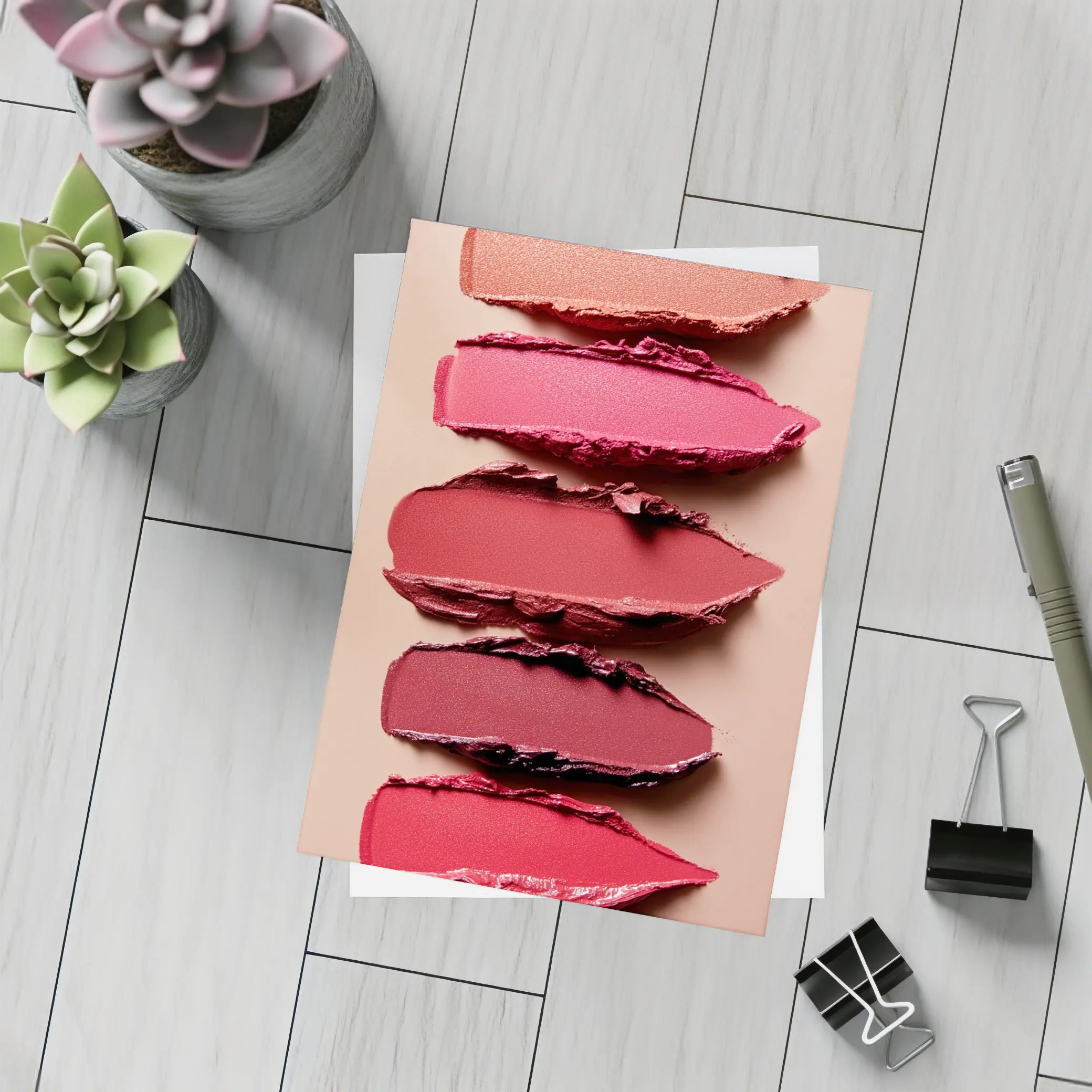 Lipstick Swatches Pink Red Tones Beige Background – Postcards