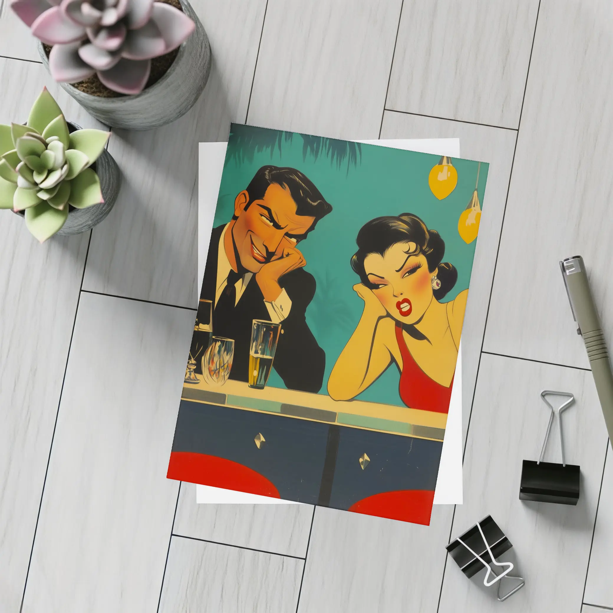 Retro Pop Art Couple Bar Scene – Postcards