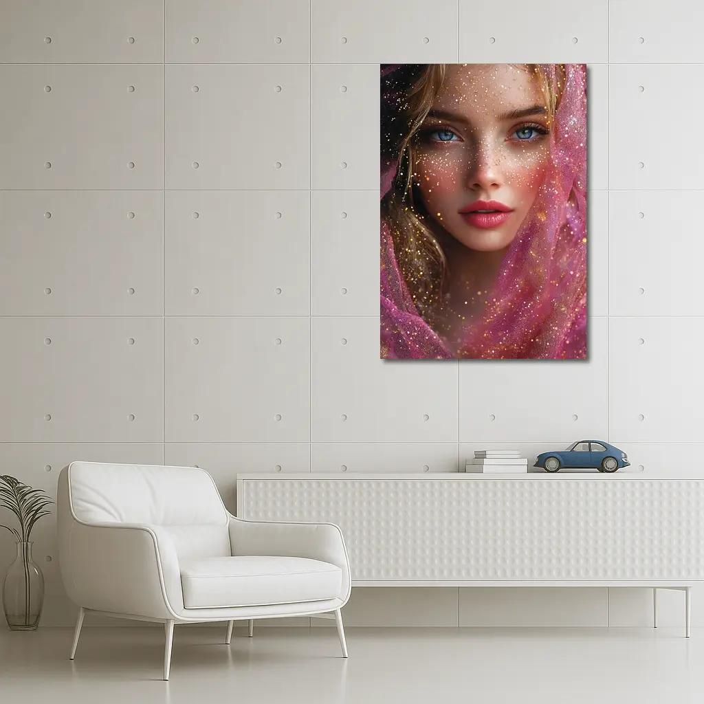 Blue Eyed Woman Pink Glitter Fantasy Portrait – Wall Art