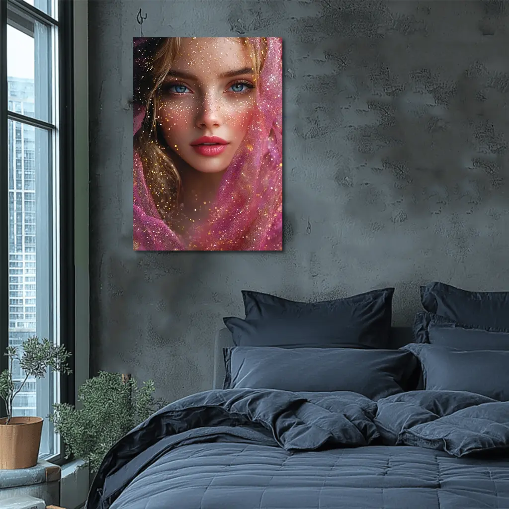 Blue Eyed Woman Pink Glitter Fantasy Portrait – Wall Art