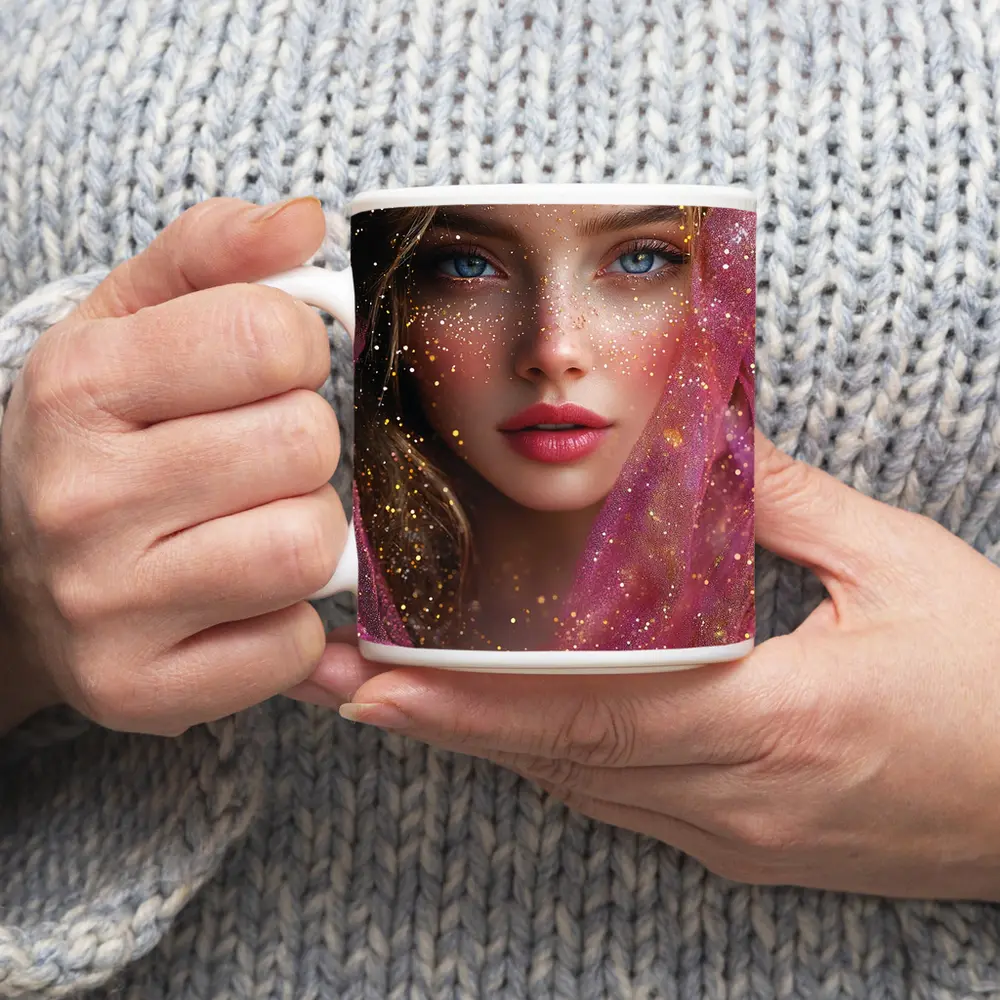 Blue Eyed Woman Pink Glitter Fantasy Portrait – Mugs