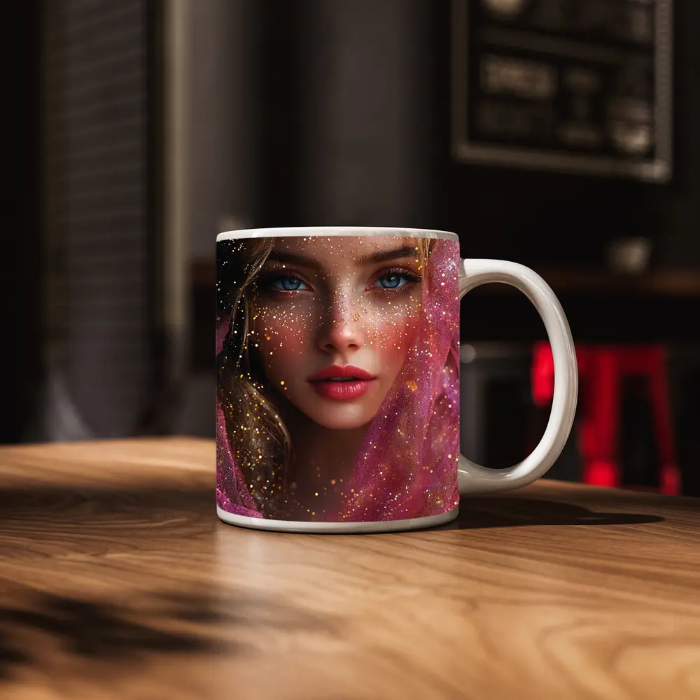 Blue Eyed Woman Pink Glitter Fantasy Portrait – Mugs