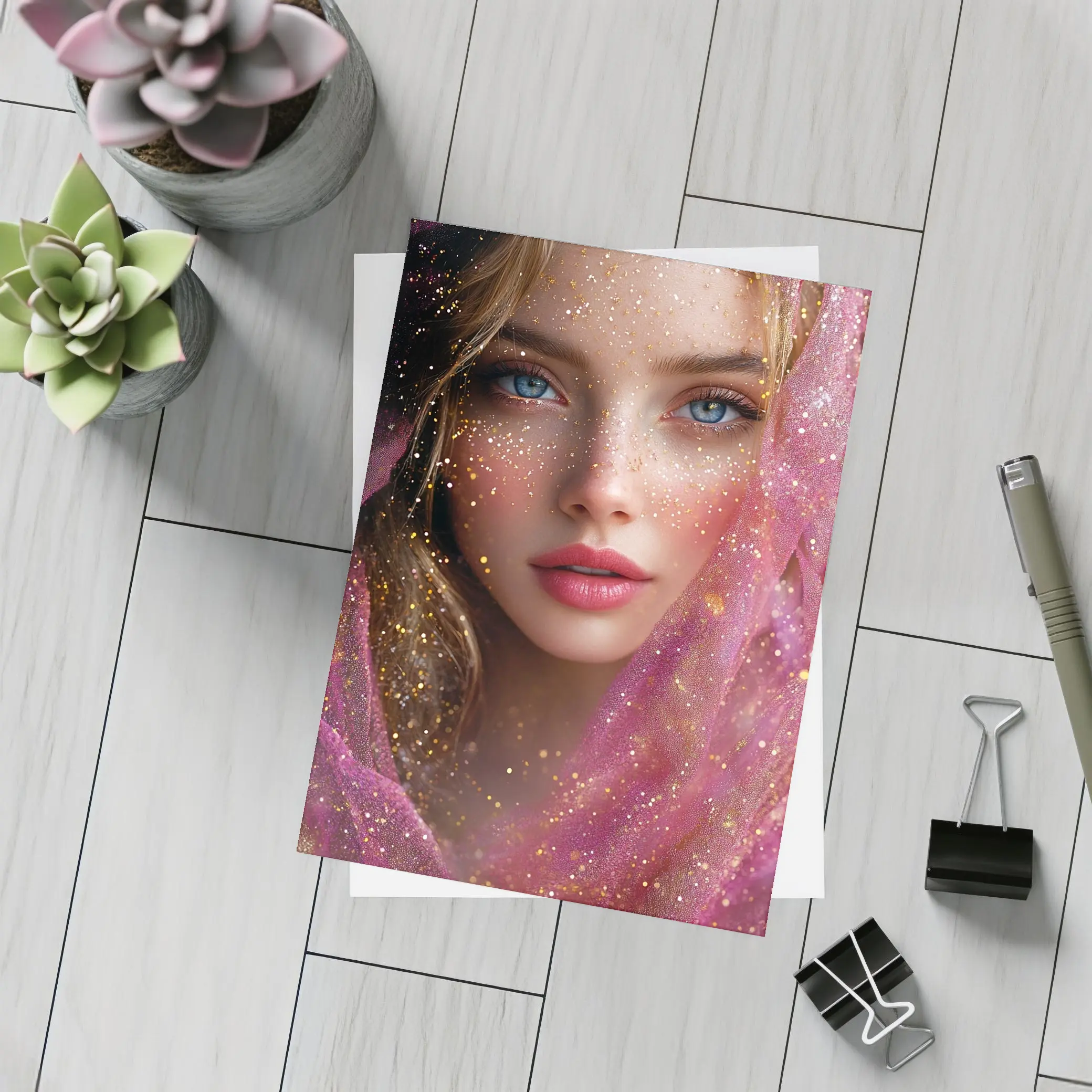 Blue Eyed Woman Pink Glitter Fantasy Portrait – Postcards