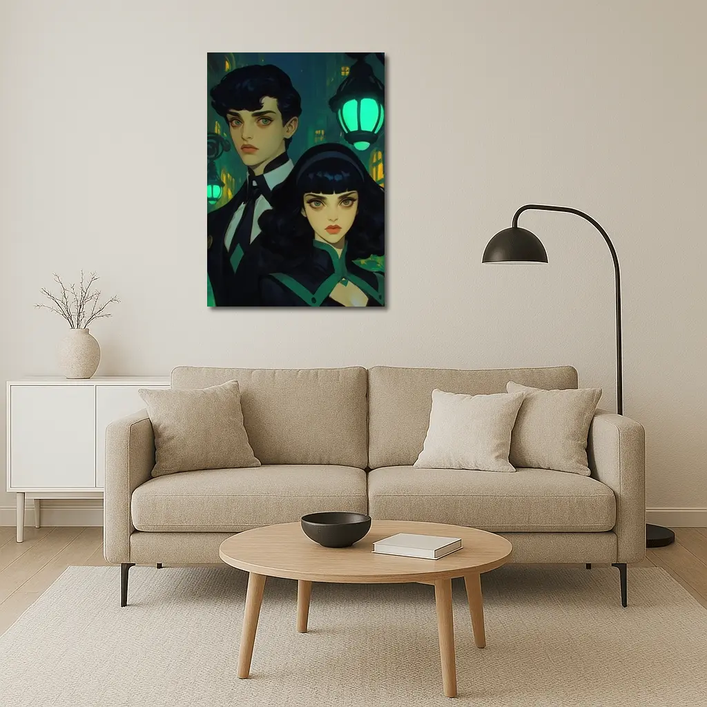Dark Academia Couple Green Night City Street – Wall Art