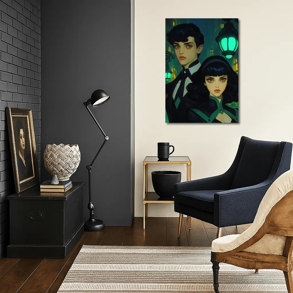 Dark Academia Couple Green Night City Street – Wall Art