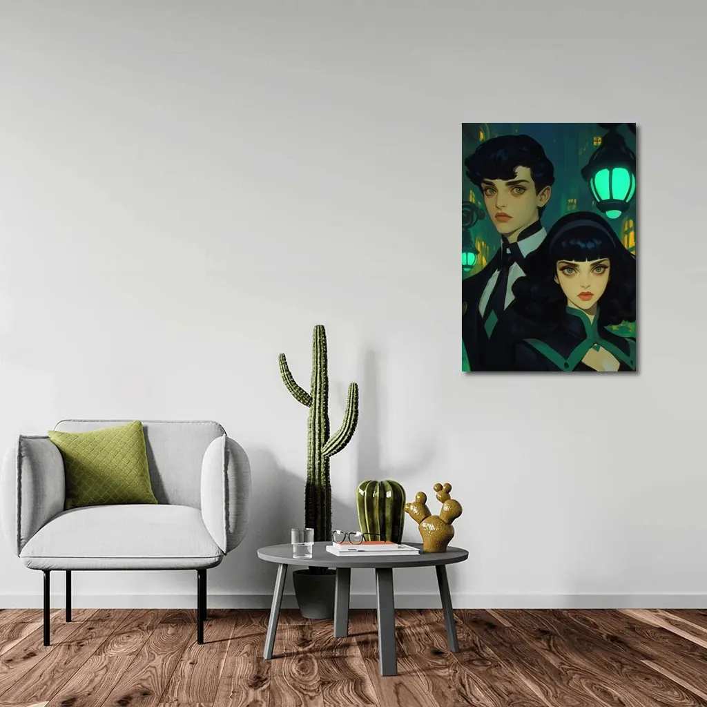 Dark Academia Couple Green Night City Street – Wall Art