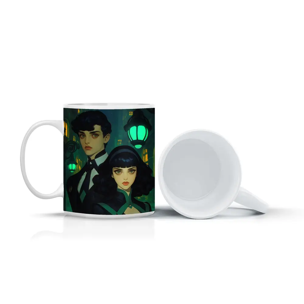 Dark Academia Couple Green Night City Street – Mugs