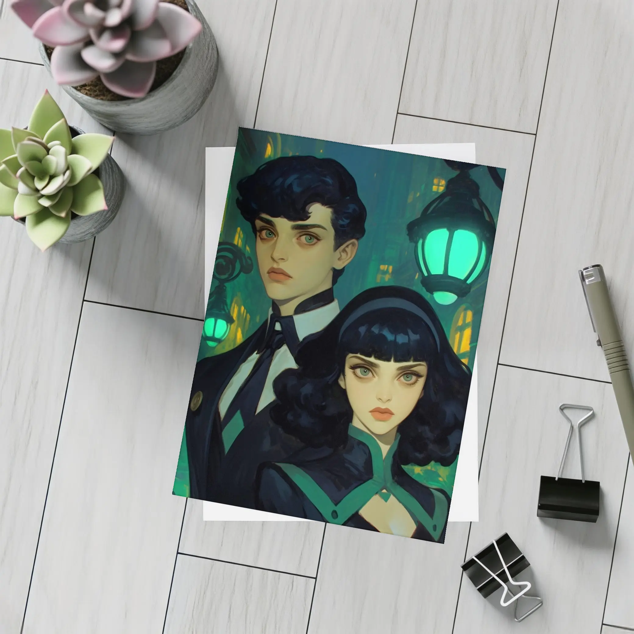Dark Academia Couple Green Night City Street – Postcards