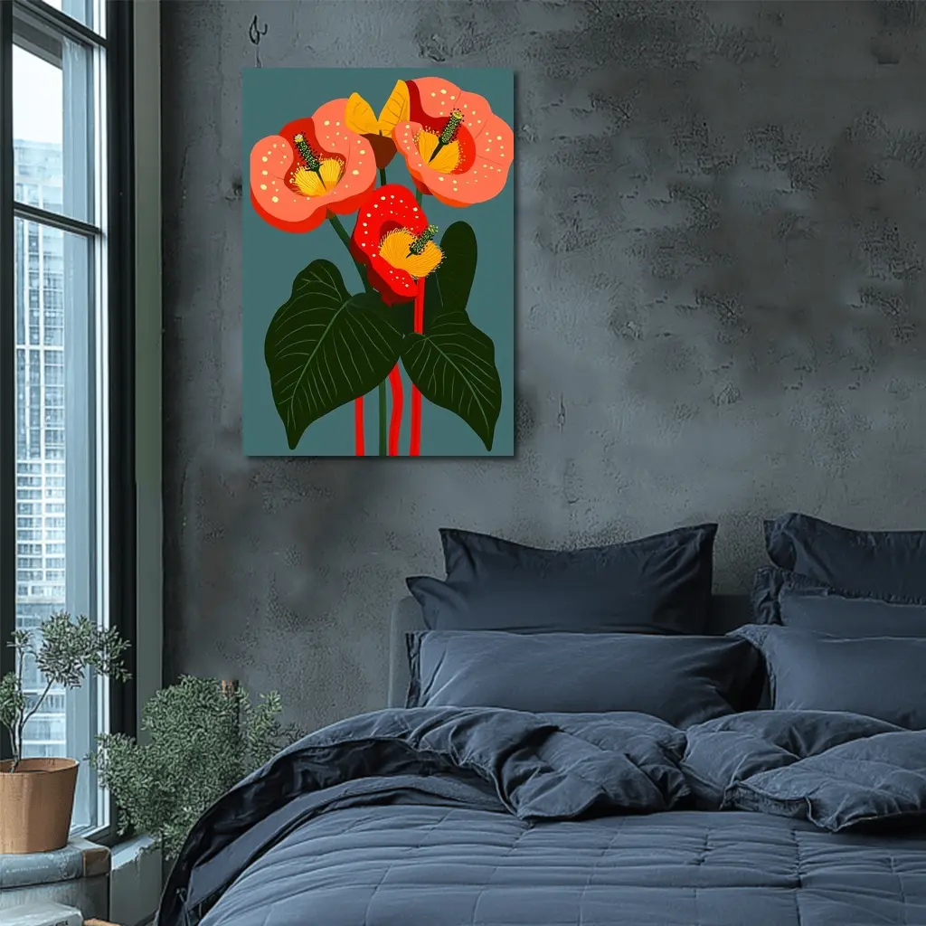 Anthurium Flowers Botanical Art Teal Background – Wall Art