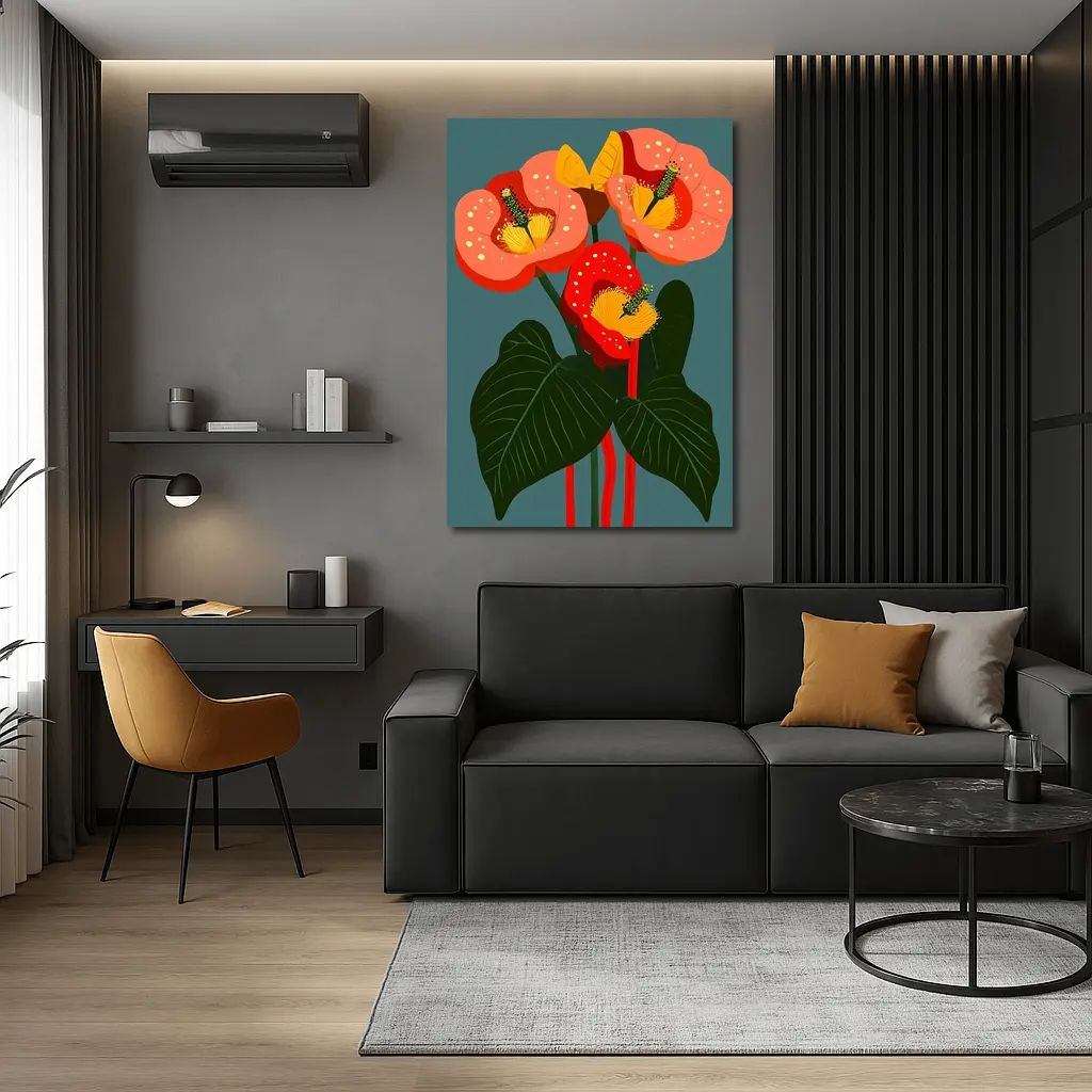 Anthurium Flowers Botanical Art Teal Background – Wall Art