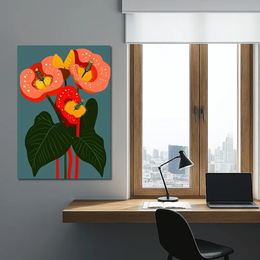 Anthurium Flowers Botanical Art Teal Background – Wall Art