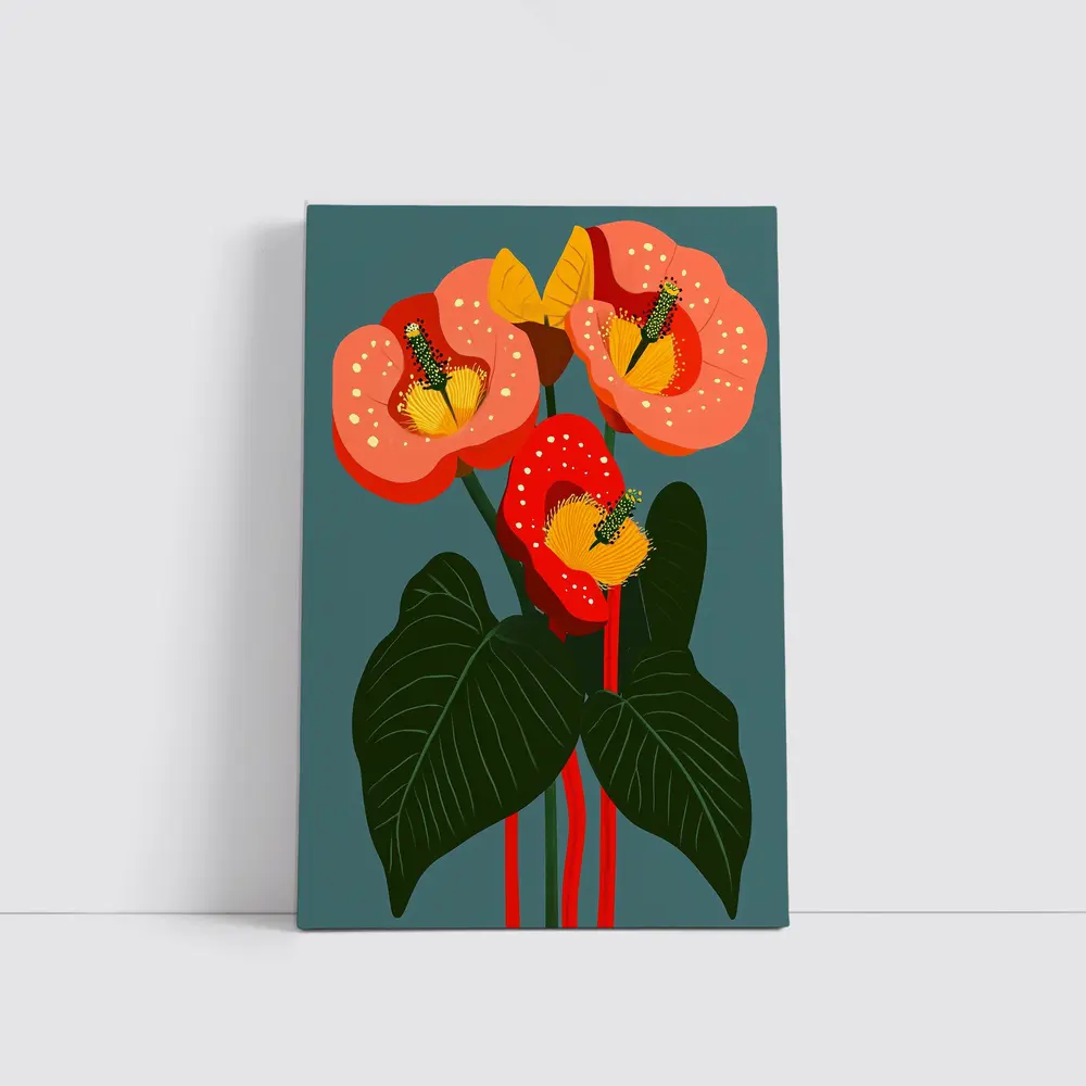 Anthurium Flowers Botanical Art Teal Background – Wall Art