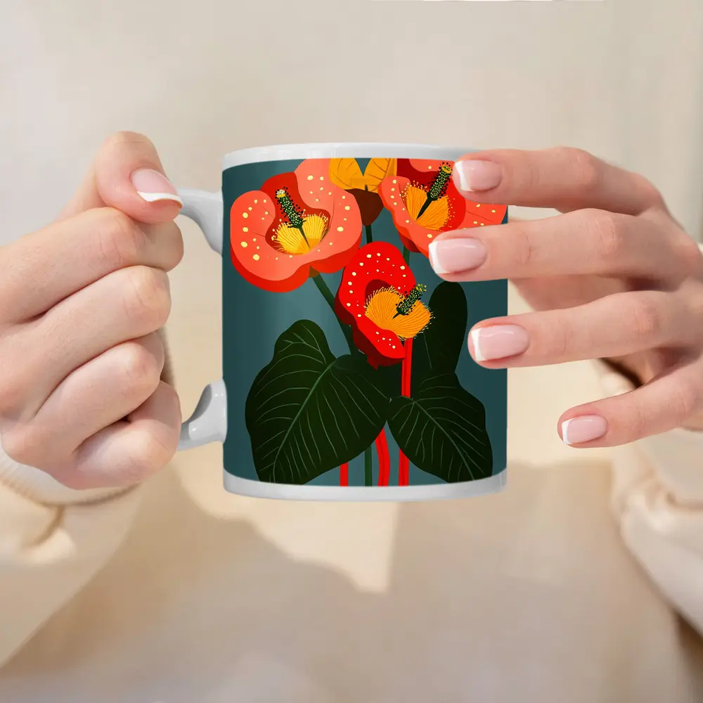 Anthurium Flowers Botanical Art Teal Background – Mugs