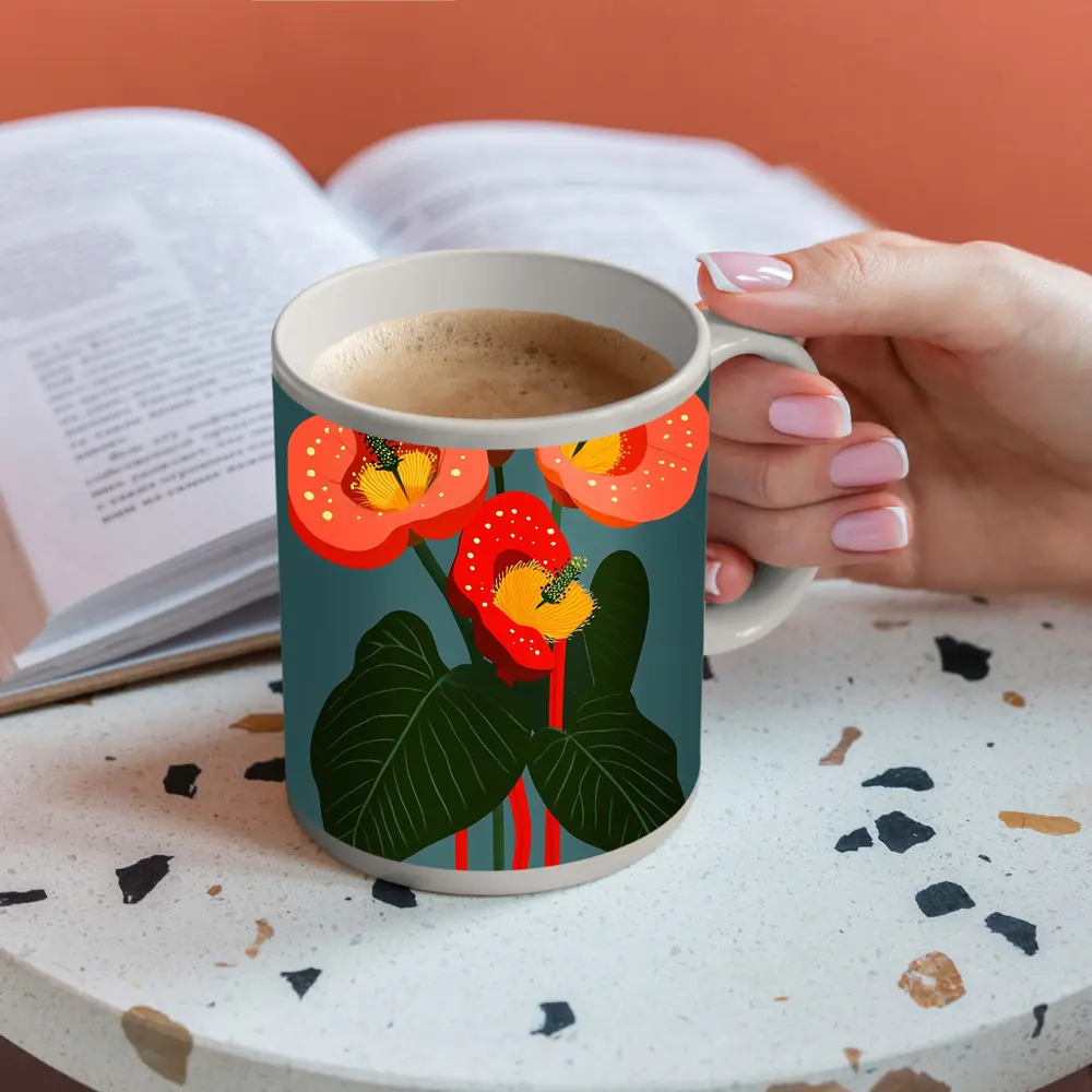 Anthurium Flowers Botanical Art Teal Background – Mugs