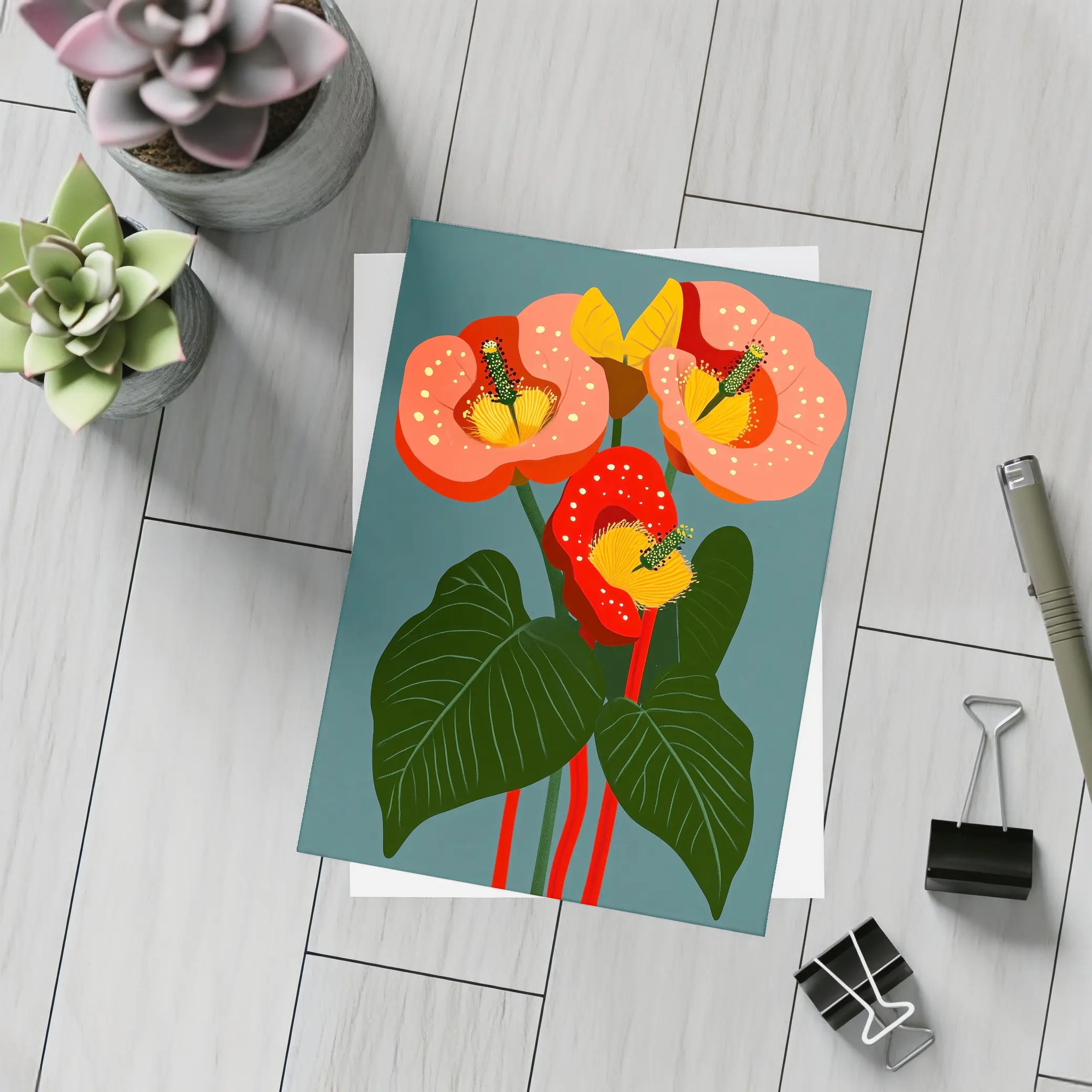 Anthurium Flowers Botanical Art Teal Background – Postcards