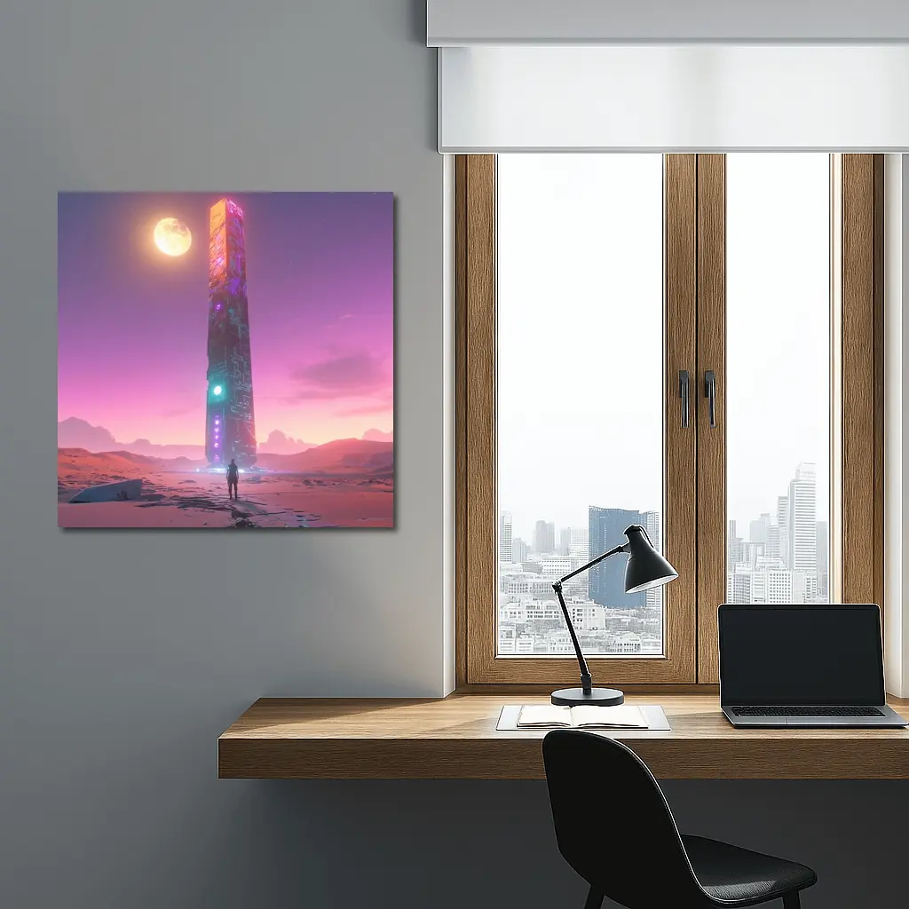 Cyberpunk Obelisk Desert Pink Sky Solitude – Wall Art