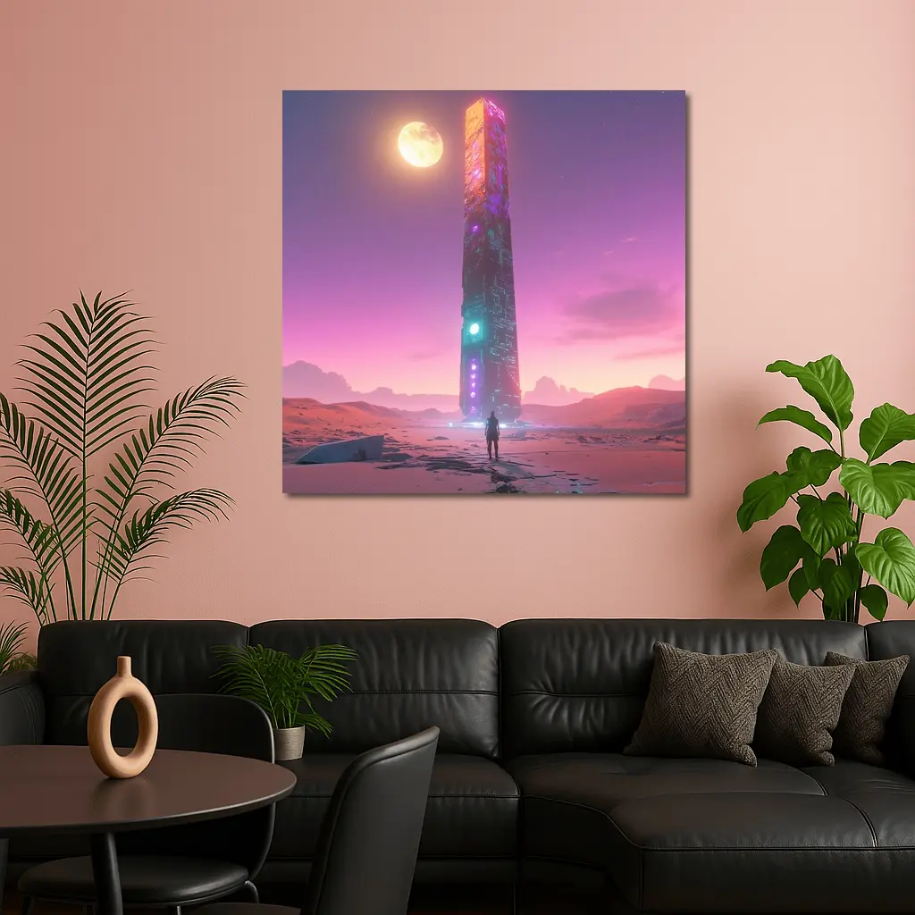 Cyberpunk Obelisk Desert Pink Sky Solitude – Wall Art