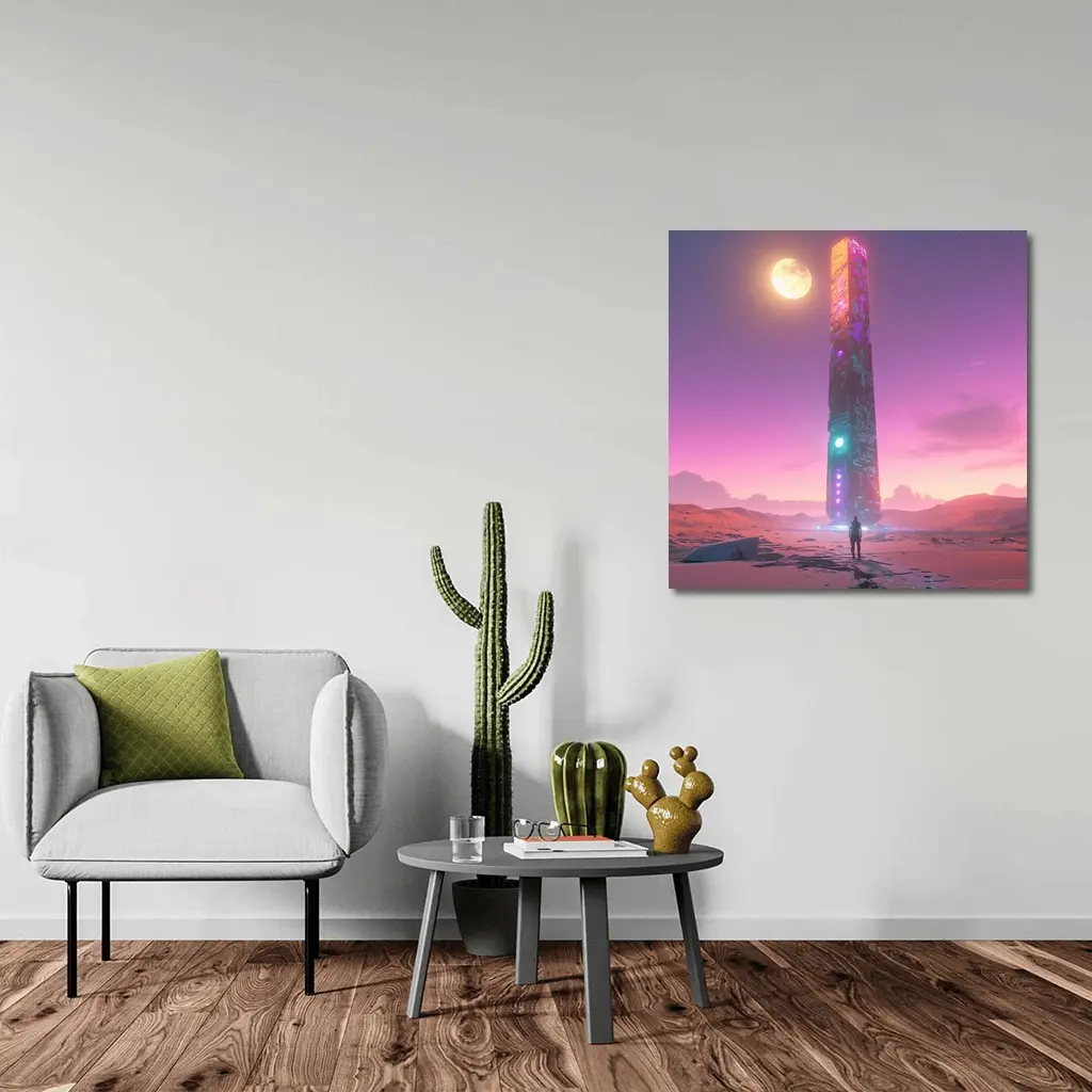Cyberpunk Obelisk Desert Pink Sky Solitude – Wall Art