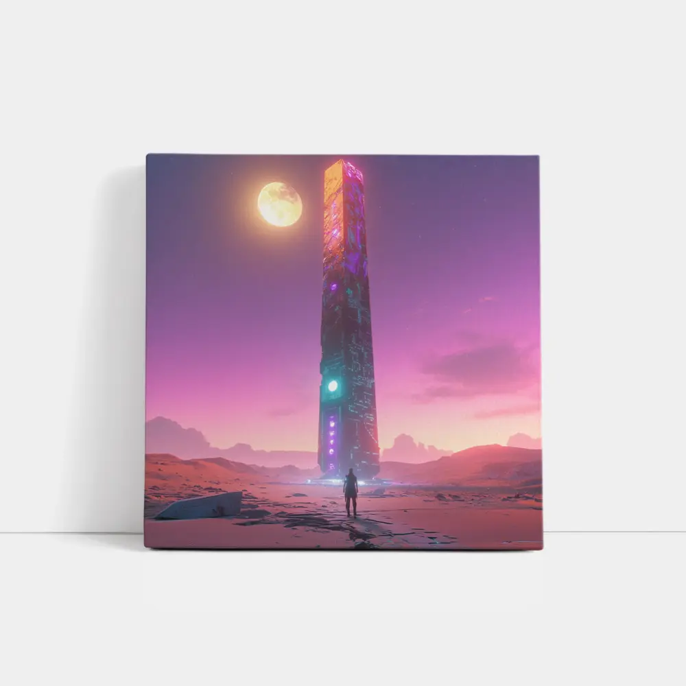 Cyberpunk Obelisk Desert Pink Sky Solitude – Wall Art