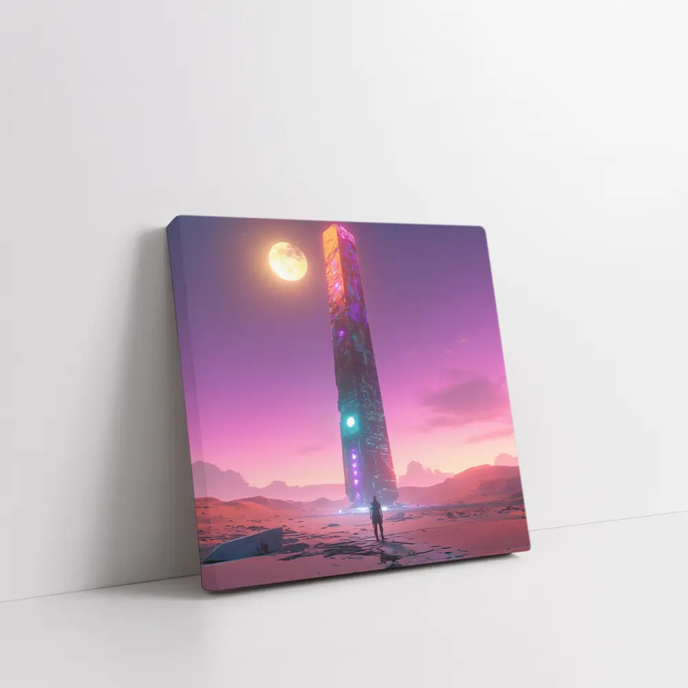 Cyberpunk Obelisk Desert Pink Sky Solitude – Wall Art