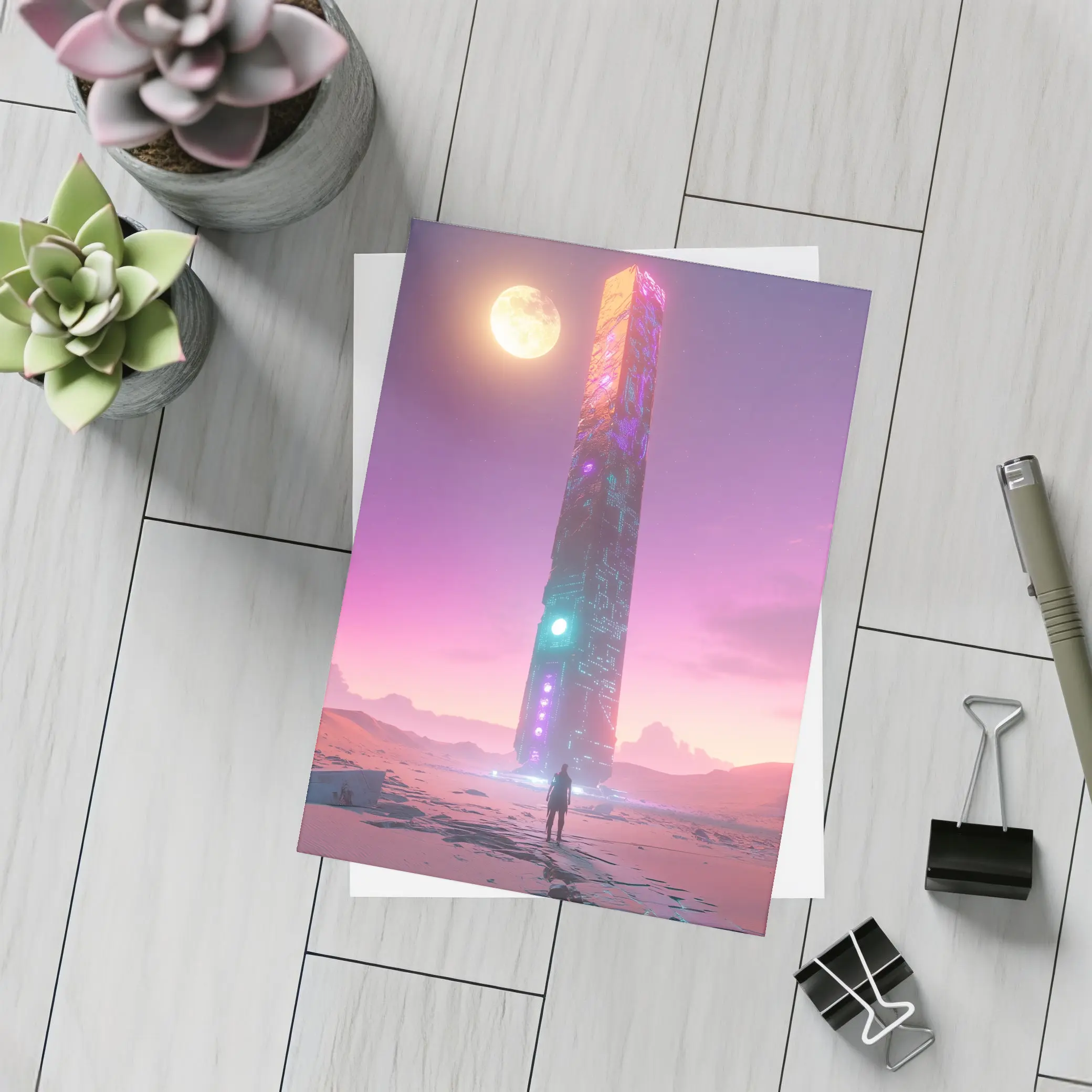 Cyberpunk Obelisk Desert Pink Sky Solitude – Postcards