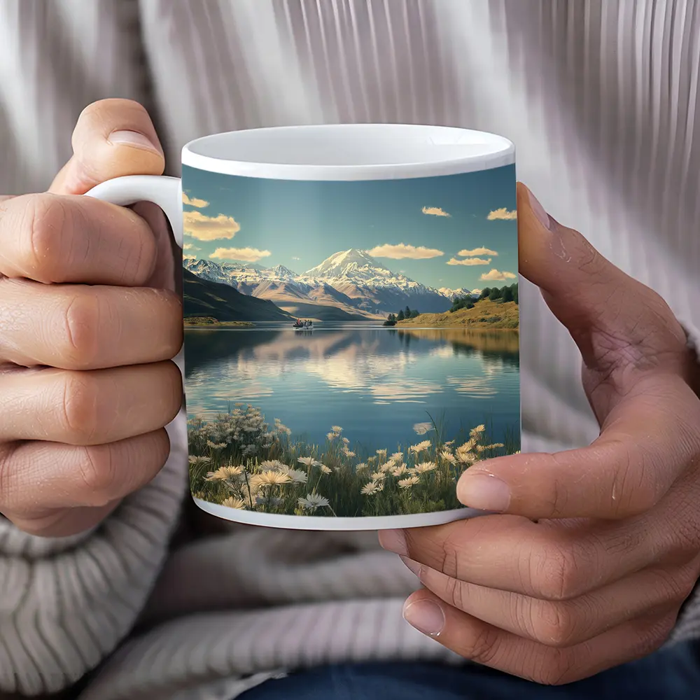 Alpine Lake Mountain Reflection Wildflowers Scene – Mugs