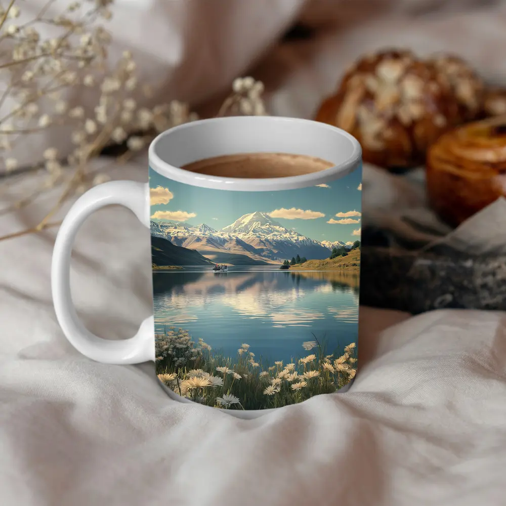 Alpine Lake Mountain Reflection Wildflowers Scene – Mugs