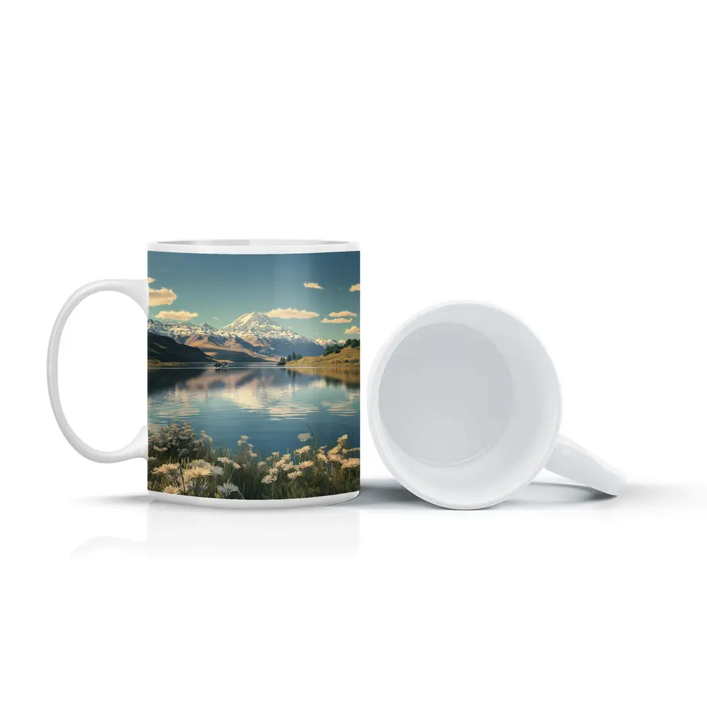 Alpine Lake Mountain Reflection Wildflowers Scene – Mugs