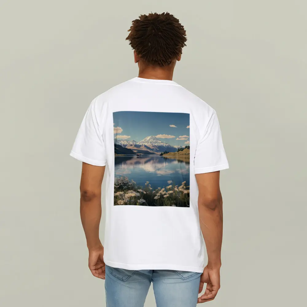 Alpine Lake Mountain Reflection Wildflowers Scene – T-Shirts