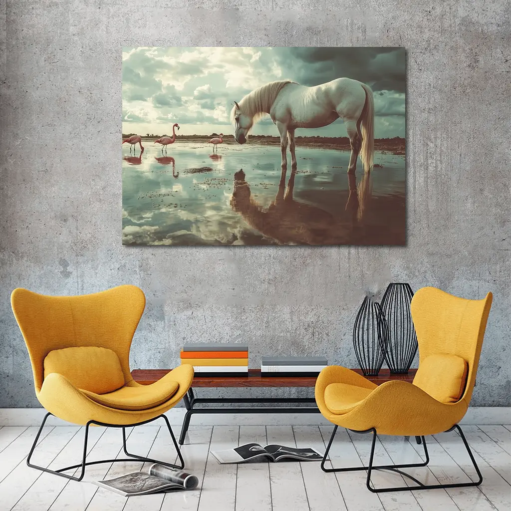 White Horse Flamingos Reflecting Shallow Water – Wall Art
