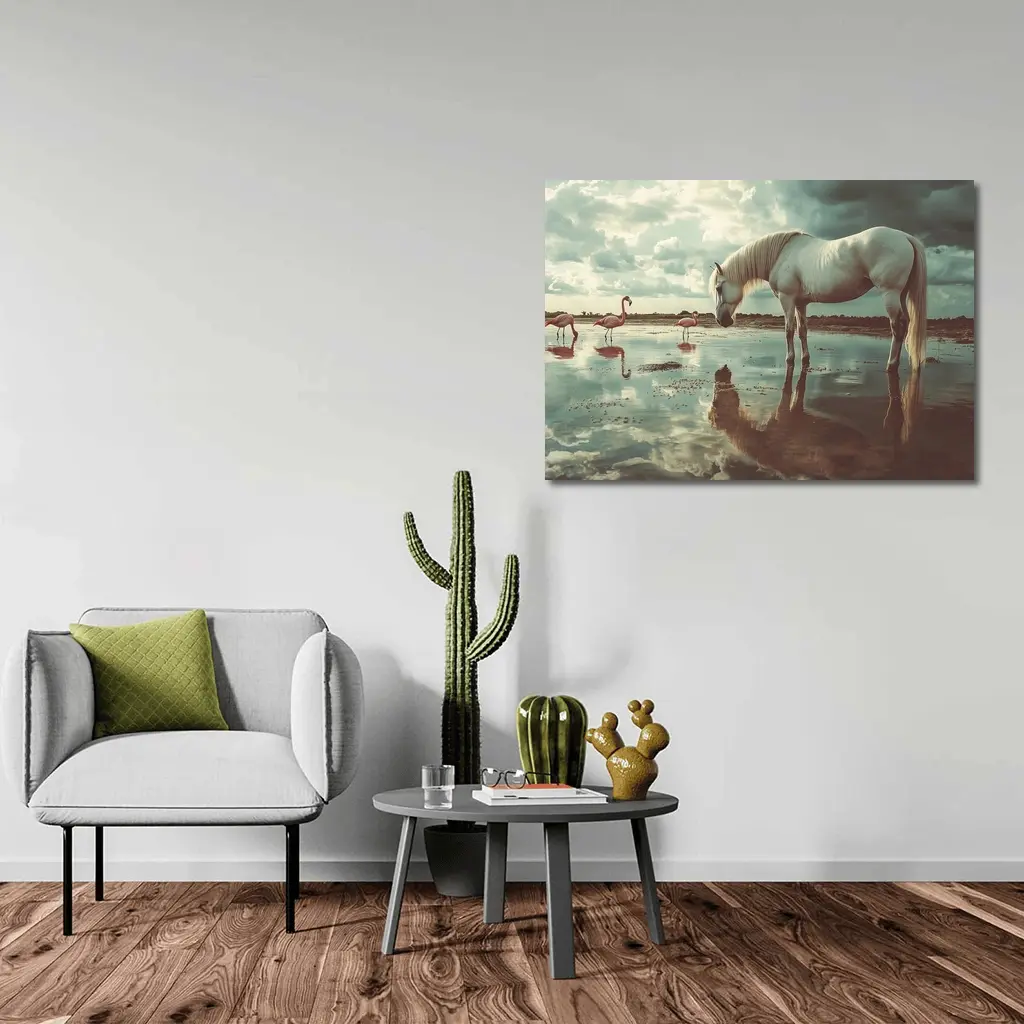 White Horse Flamingos Reflecting Shallow Water – Wall Art