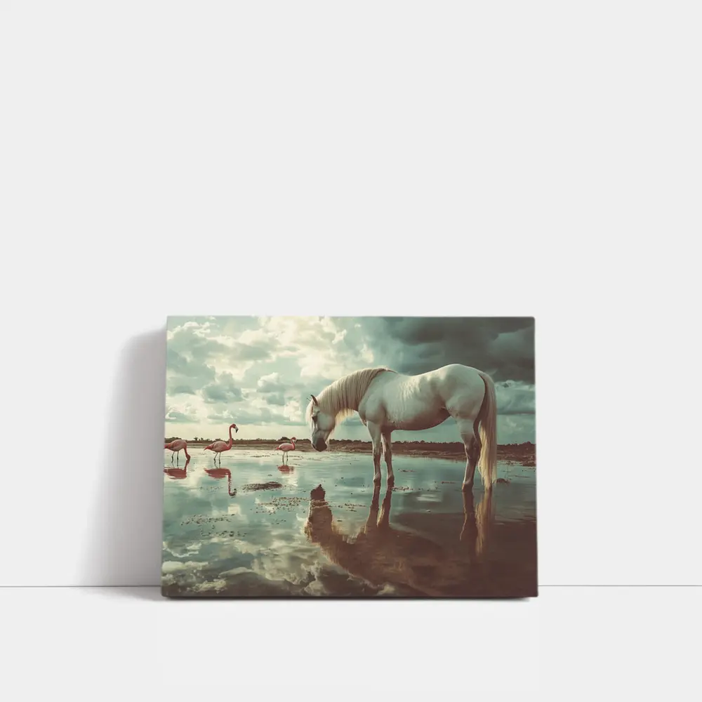 White Horse Flamingos Reflecting Shallow Water – Wall Art