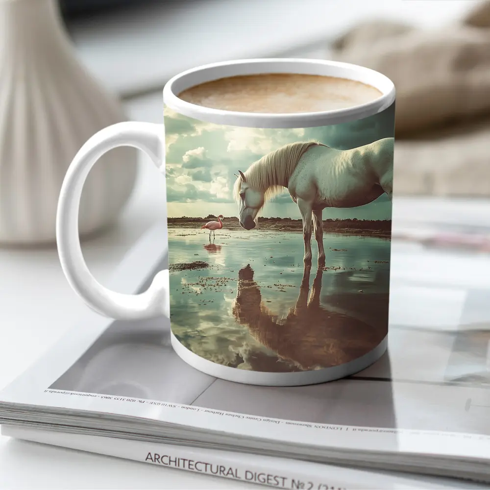 White Horse Flamingos Reflecting Shallow Water – Mugs